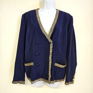 VTG Liz Elana Navy & Gold Blazer Size 14 Button Front Grandmacore Mature